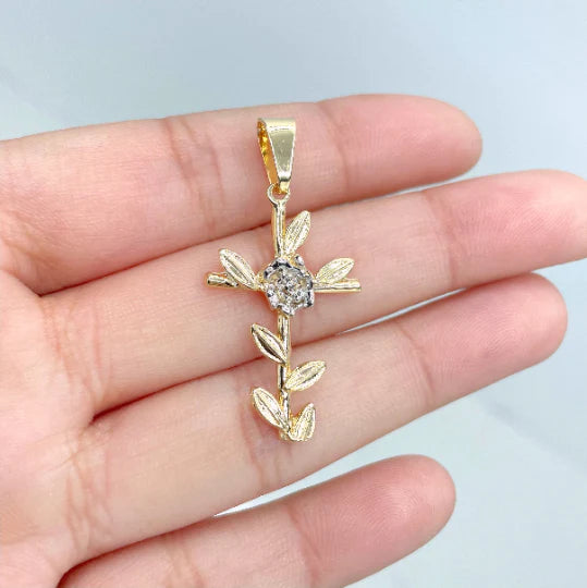 Chain and Pendant Set. Two Tone Cross Yellow Gold Rose Gold with Flower 18k Gold Filled. Bundle and Save. FREE SHIPPING on orders of $100 and over.  Sam's Jewelry World USA.