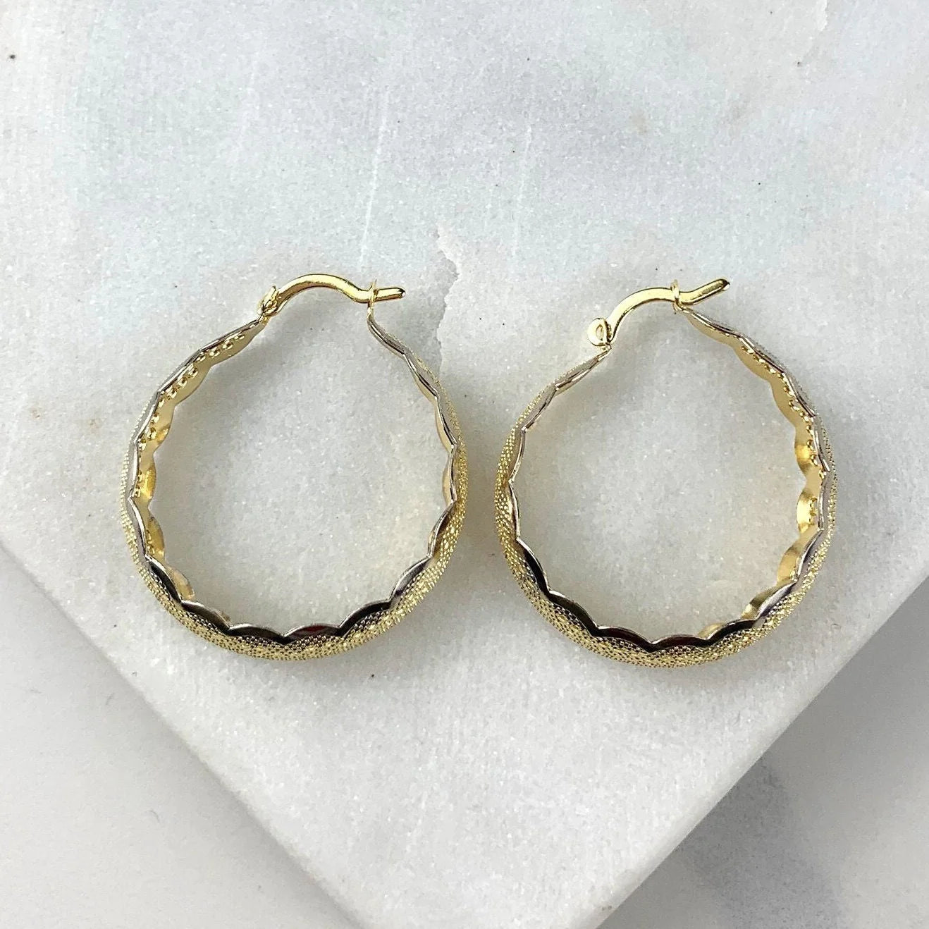 Earrings Two Tone Textured Hoop 18k Gold Filled