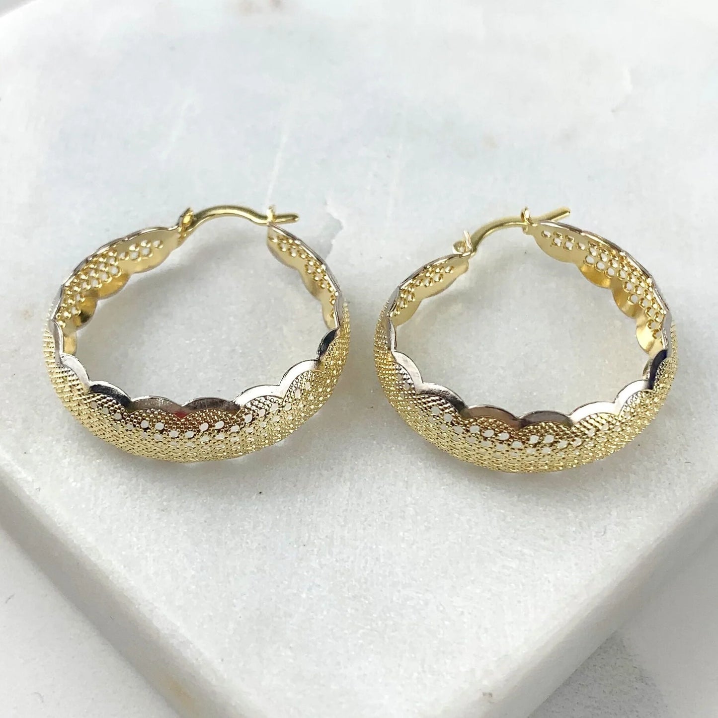 Earrings Two Tone Textured Hoop 18k Gold Filled