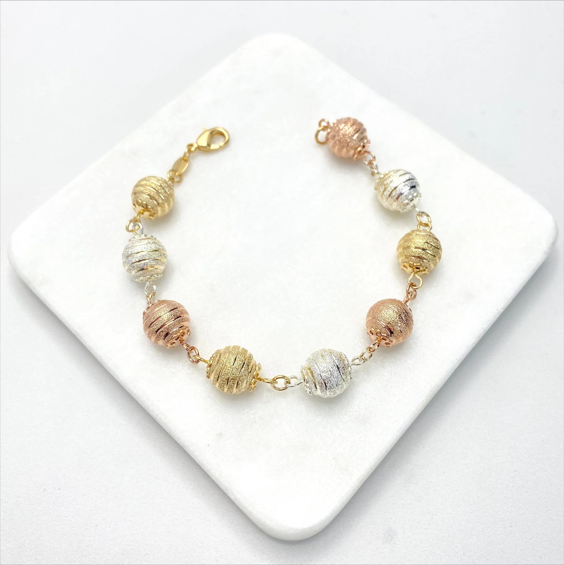 18k Gold Filled Three Tone Textured Beads, 8 Inches Bracelet. Bundle and Save. FREE SHIPPING on orders of $100 and over.  Sam's Jewelry World USA