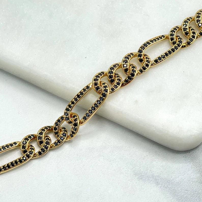 Bracelet Figaro Link 10mm with Black Micro Cubic Zirconia 18k Gold Filled. Bundle and Save. FREE SHIPPING on orders of $100 and over. Sam's Jewelry World USA.