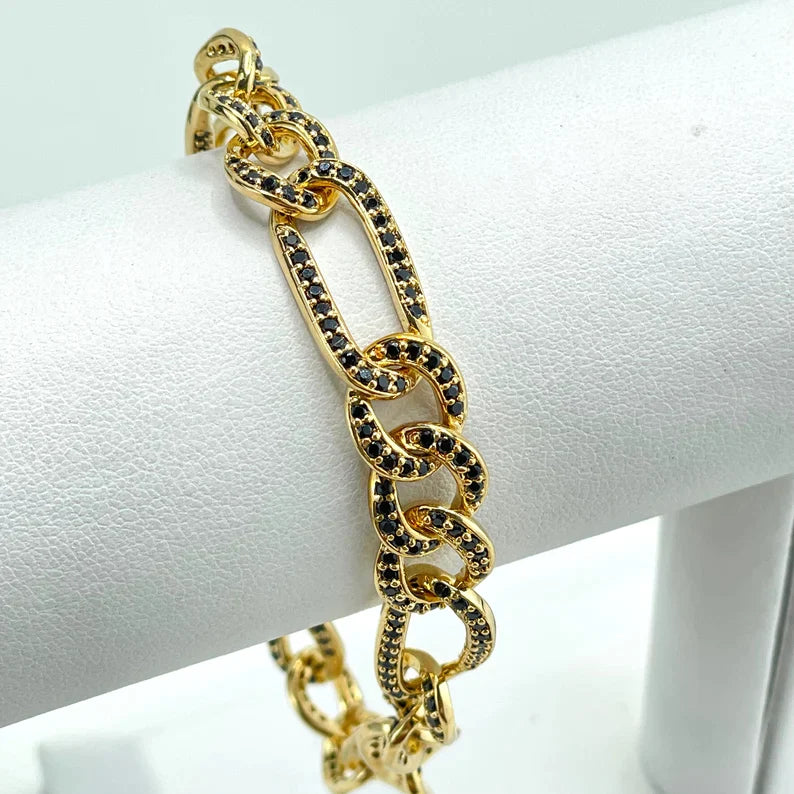 Bracelet Figaro Link 10mm with Black Micro Cubic Zirconia 18k Gold Filled