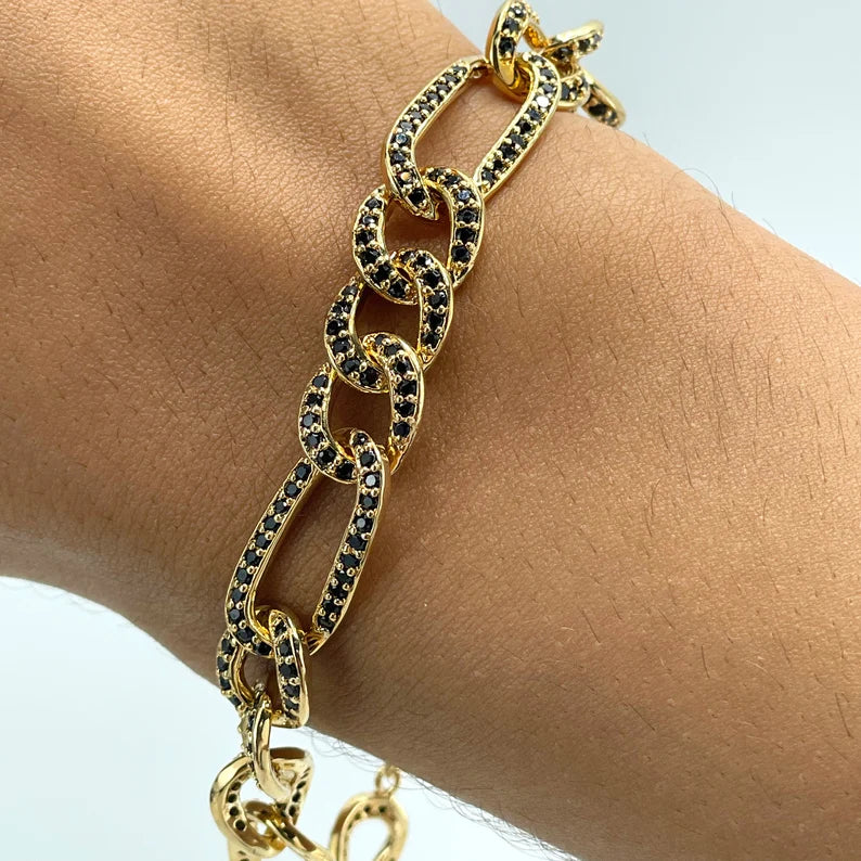 Bracelet Figaro Link 10mm with Black Micro Cubic Zirconia 18k Gold Filled