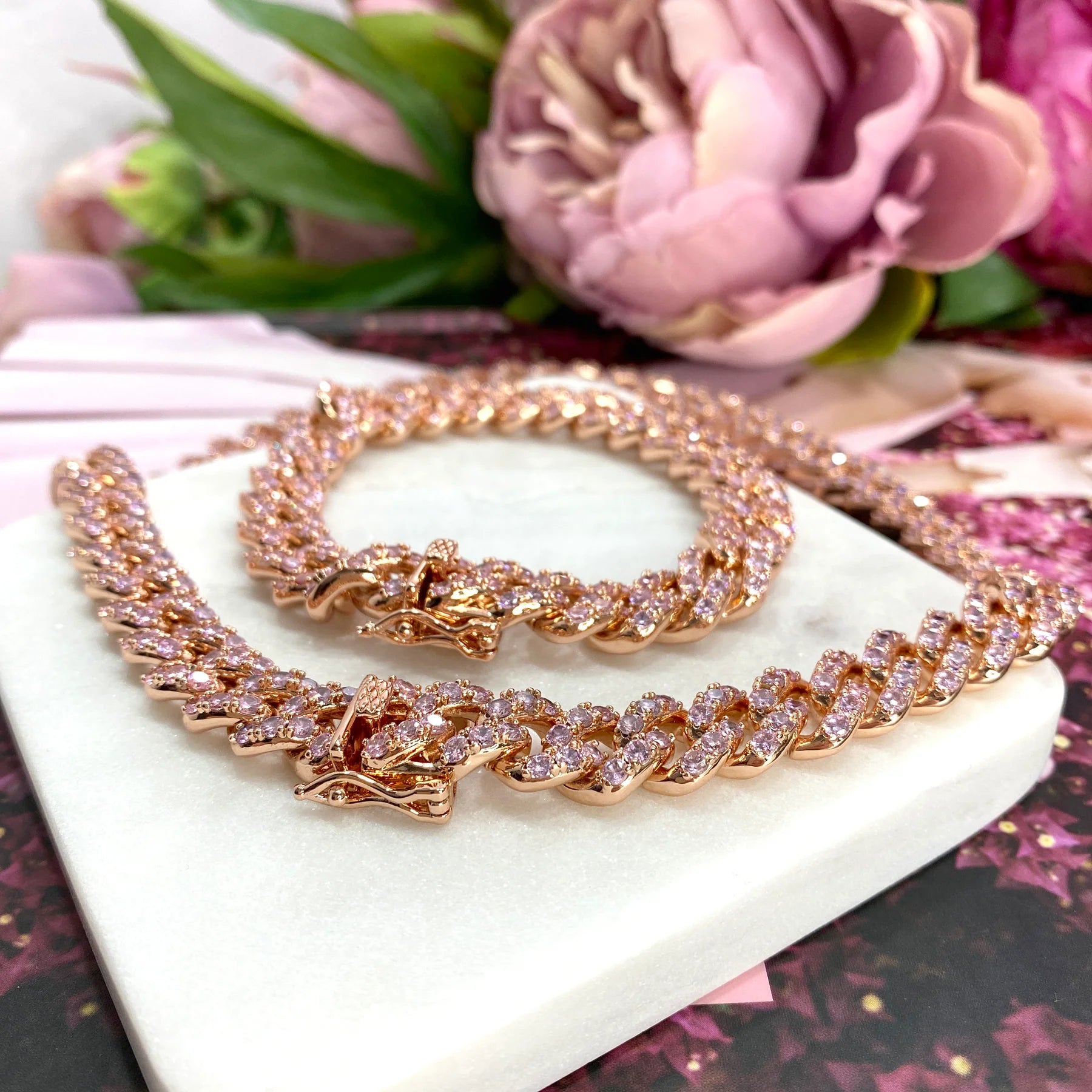 Cuban Link Bracelet Rose Gold Iced Out with Box Lock 14k Rose Gold Filled. Bundle and Save. FREE SHIPPING on orders of $100 and over.  Sam's Jewelry World USA.