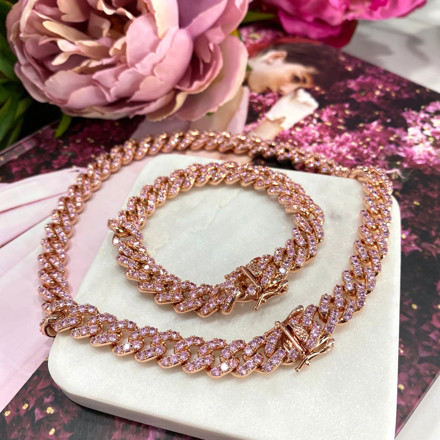 Cuban Link Bracelet Rose Gold Iced Out with Box Lock 14k Rose Gold Filled. Bundle and Save. FREE SHIPPING on orders of $100 and over.  Sam's Jewelry World USA.