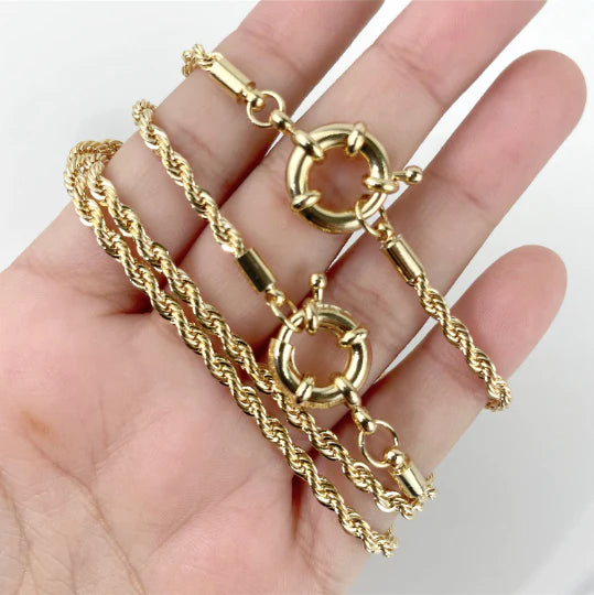 Rope Link Chain 18" 23.5" or Bracelet 8" with Hoop Clasp 18k Gold Filled