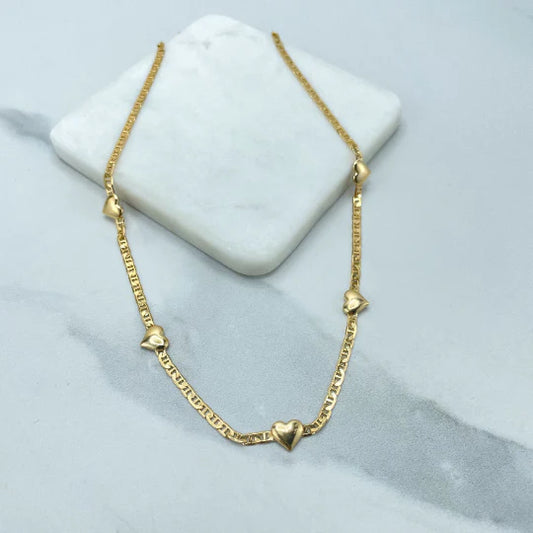 Chain Mariner Link with 5 Heart Charms 18k Gold Filled