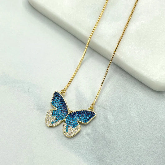 Chain and Pendant Set Box Chain with Butterfly Shape Charm with Blue and White Cubic Zirconia 18k Gold Filled. Bundle and Save. FREE SHIPPING on orders of $100 and over.  Sam's Jewelry World USA.