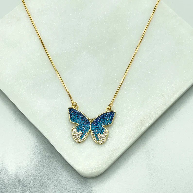 Chain and Pendant Set Box Chain with Butterfly Shape Charm with Blue and White Cubic Zirconia 18k Gold Filled. Bundle and Save. FREE SHIPPING on orders of $100 and over.  Sam's Jewelry World USA.