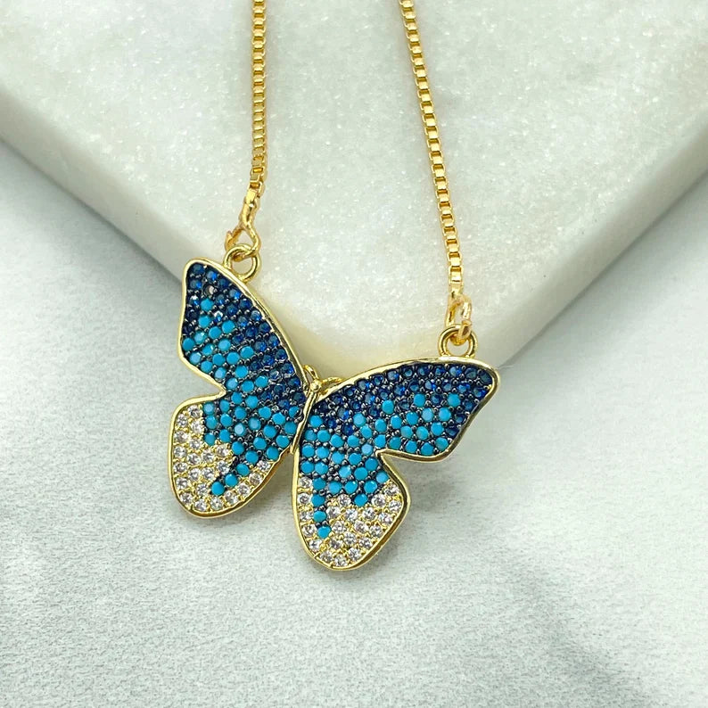 Chain and Pendant Set Box Chain with Butterfly Shape Charm with Blue and White Cubic Zirconia 18k Gold Filled. Bundle and Save. FREE SHIPPING on orders of $100 and over.  Sam's Jewelry World USA.