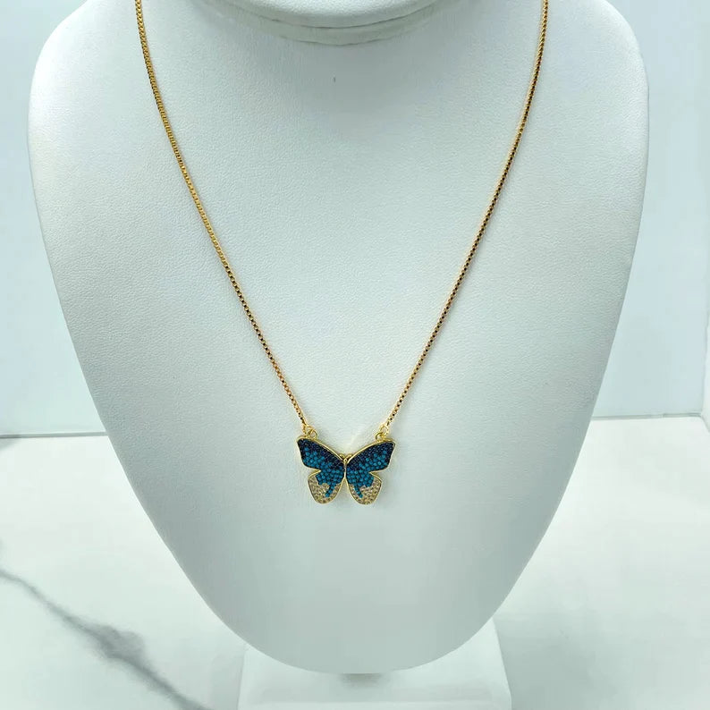 Chain and Pendant Set Box Chain with Butterfly Shape Charm with Blue and White Cubic Zirconia 18k Gold Filled