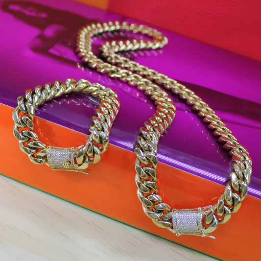 Cuban Link Chain 18" 24" or Bracelet 8" with Iced Out Box Lock 10mm 14k Gold Filled Bundle and Save. FREE SHIPPING on orders of $100 and over.  Sam's Jewelry World USA.