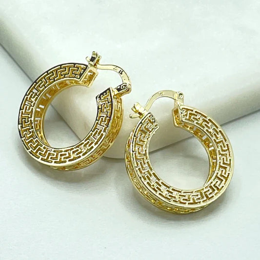 Earrings Hoop Tubular Cutout Greek Key 25mm 18k Gold Filled