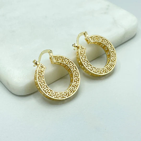 Earrings Hoop Tubular Cutout Greek Key 25mm 18k Gold Filled