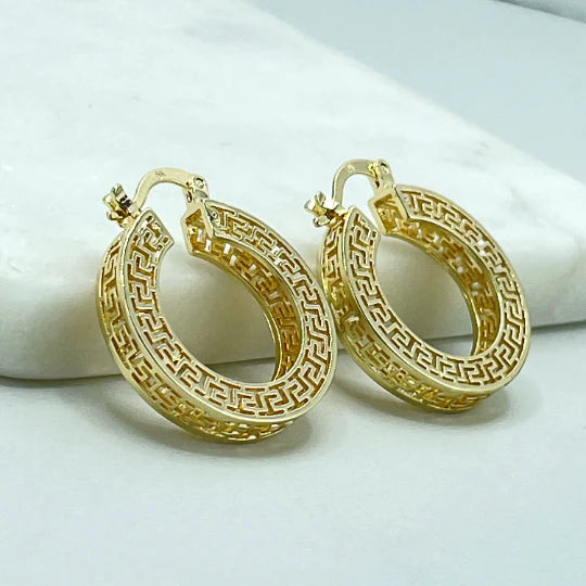 Earrings Hoop Tubular Cutout Greek Key 25mm 18k Gold Filled