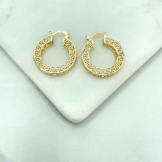 Earrings Hoop Tubular Cutout Greek Key 25mm 18k Gold Filled