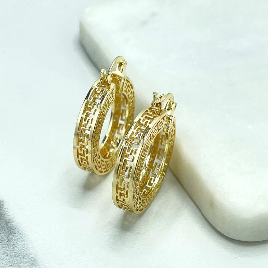 Earrings Hoop Tubular Cutout Greek Key 25mm 18k Gold Filled