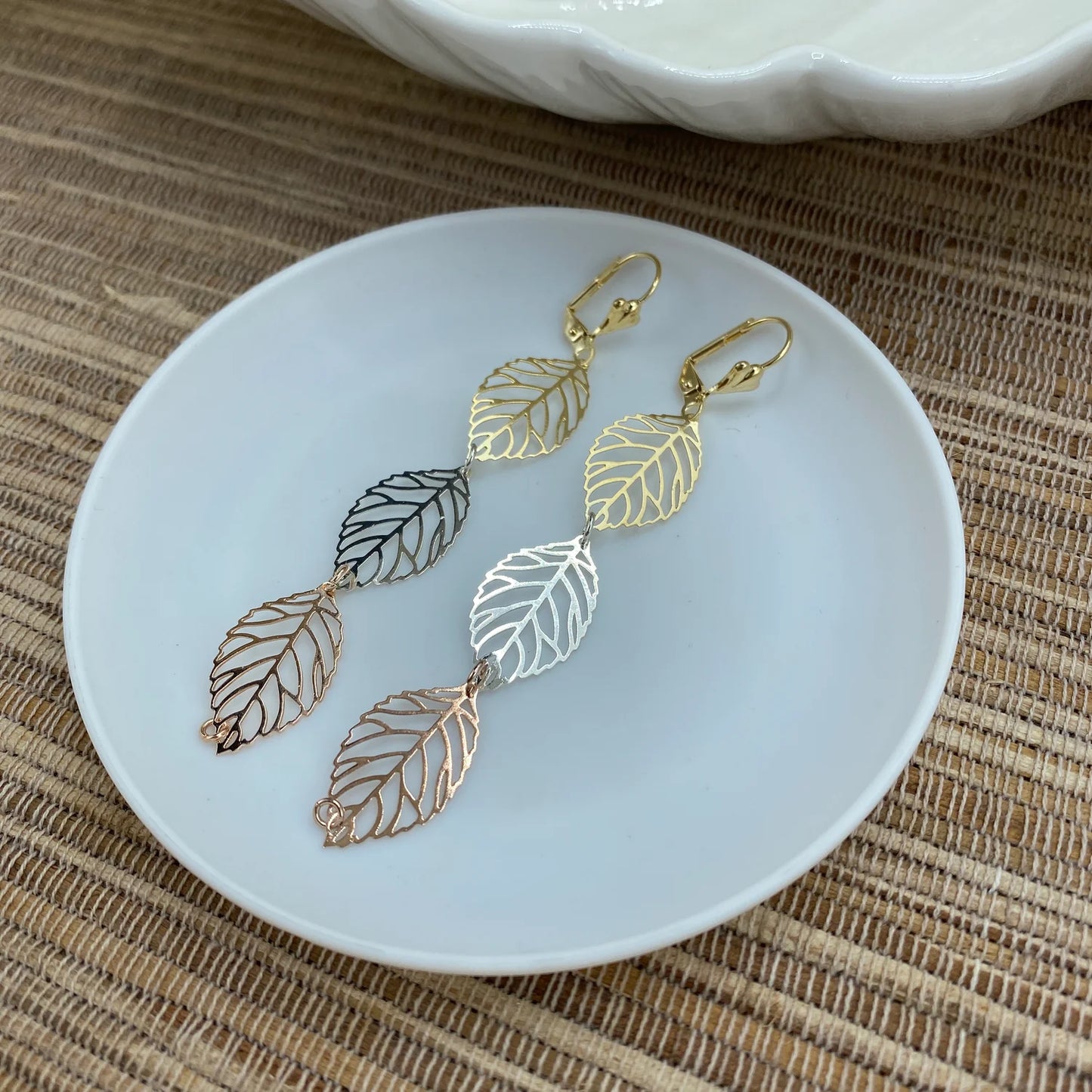 Earrings  Dangle  Drop 3 Tone, Yellow Gold, White Gold, Rose Gold.  Cutout Leaves Shape 18k Gold Filled