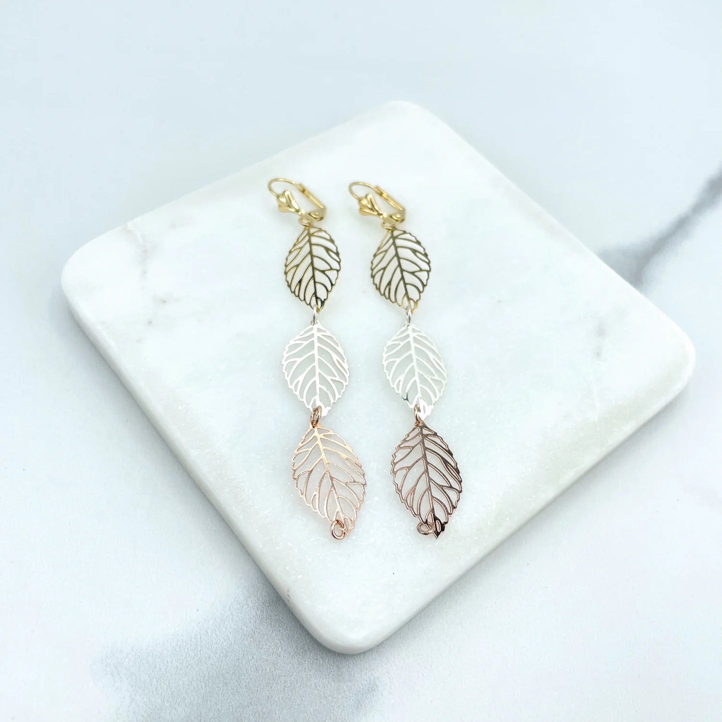 Earrings  Dangle  Drop 3 Tone, Yellow Gold, White Gold, Rose Gold.  Cutout Leaves Shape 18k Gold Filled