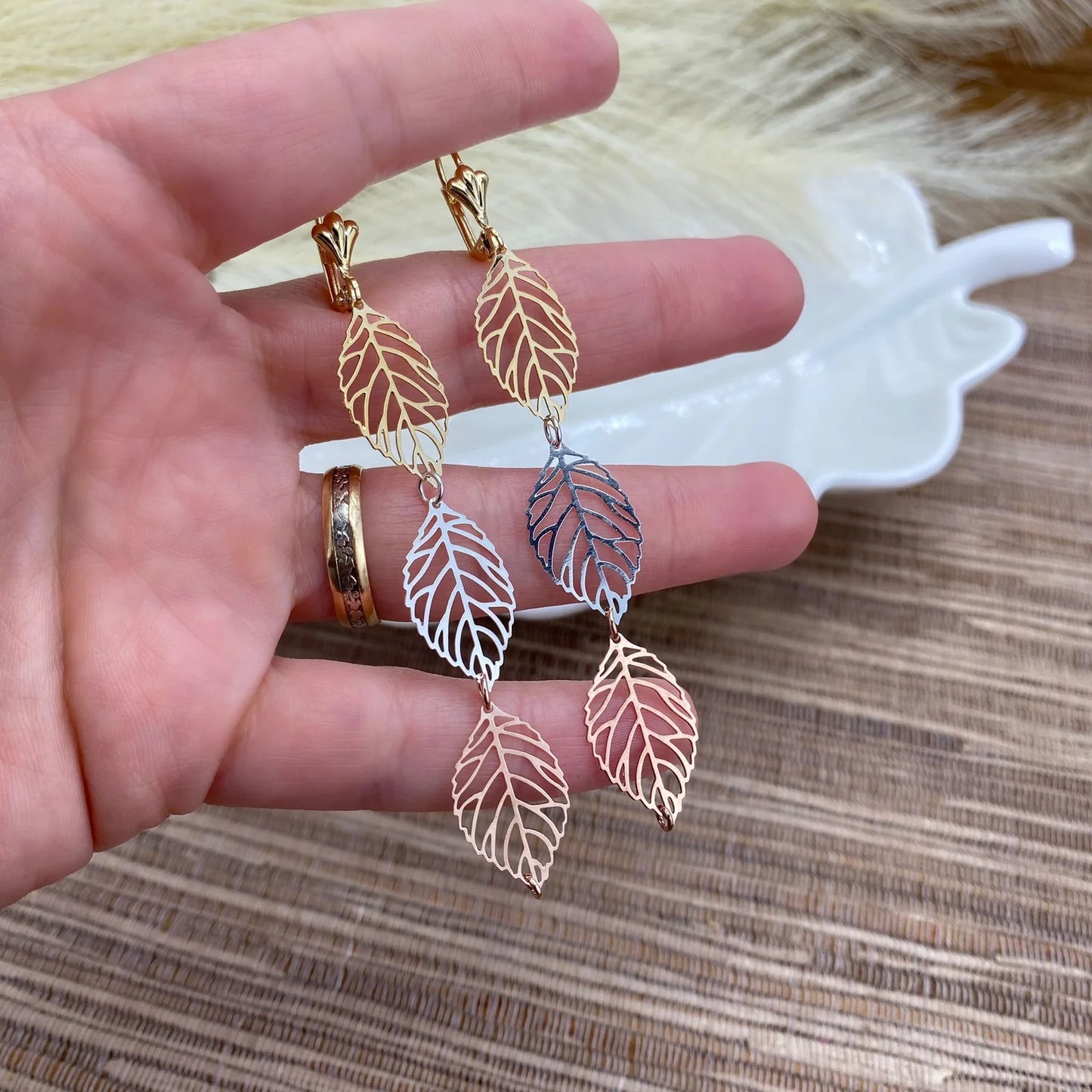 Earrings  Dangle  Drop 3 Tone, Yellow Gold, White Gold, Rose Gold.  Cutout Leaves Shape 18k Gold Filled