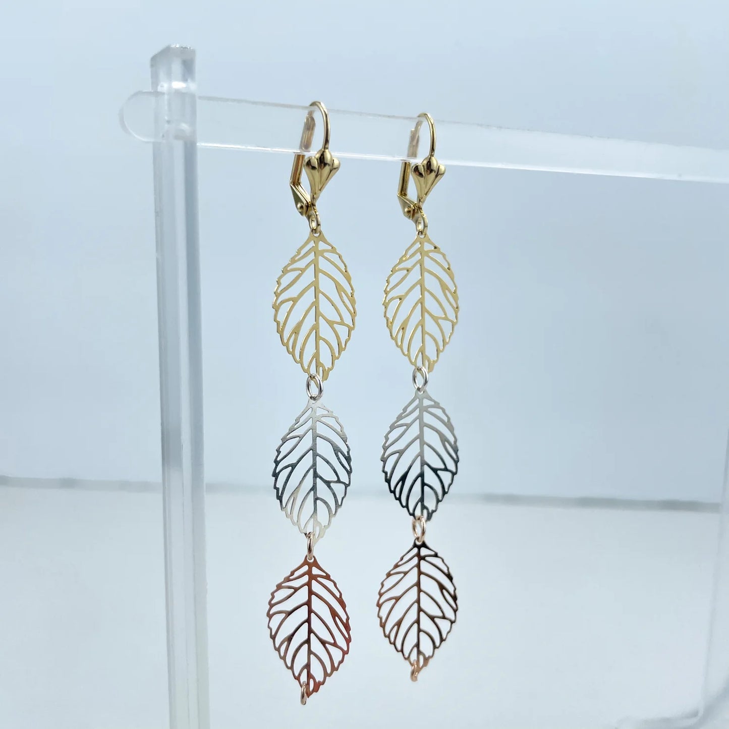 Earrings  Dangle  Drop 3 Tone, Yellow Gold, White Gold, Rose Gold.  Cutout Leaves Shape 18k Gold Filled