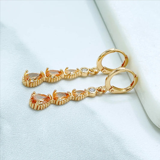 Earrings Dangle Drop White & Amber Cubic Zirconia 18k Gold Filled