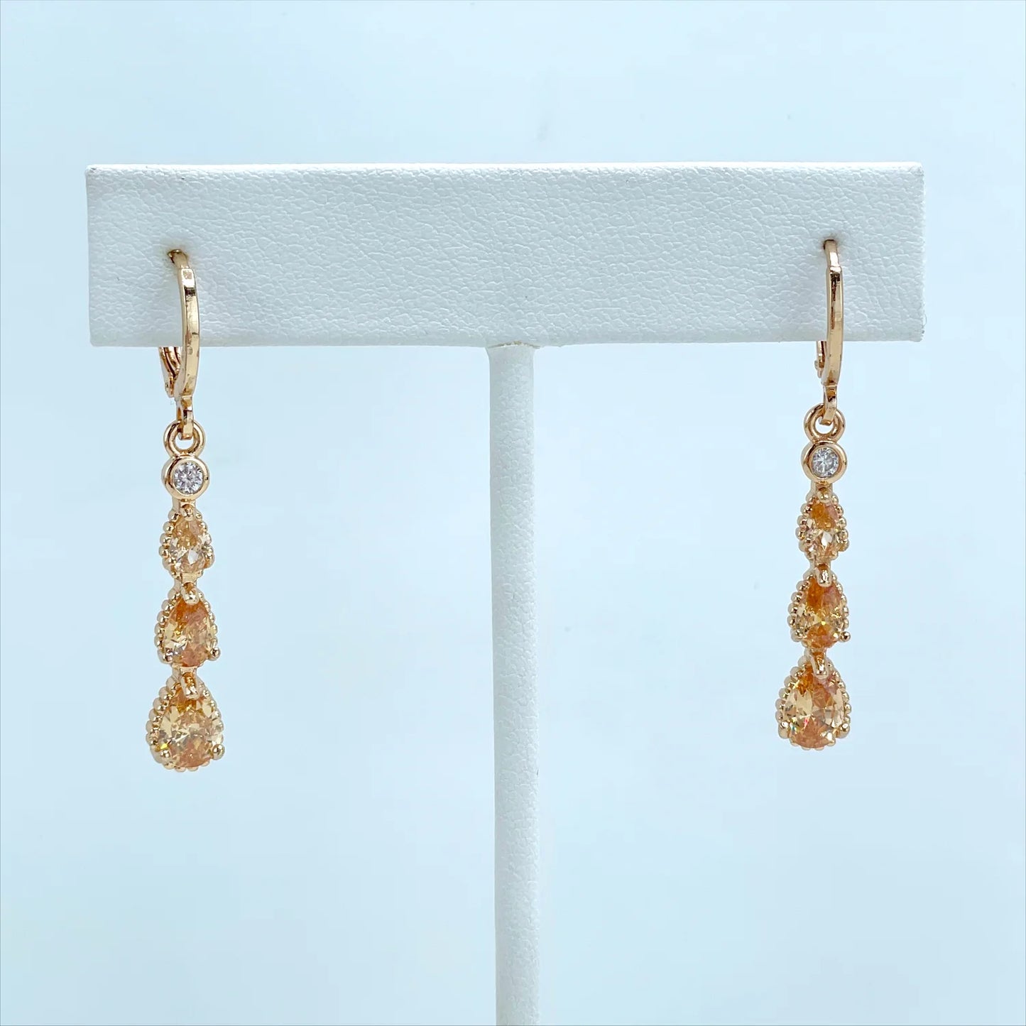 Earrings Dangle Drop White & Amber Cubic Zirconia 18k Gold Filled