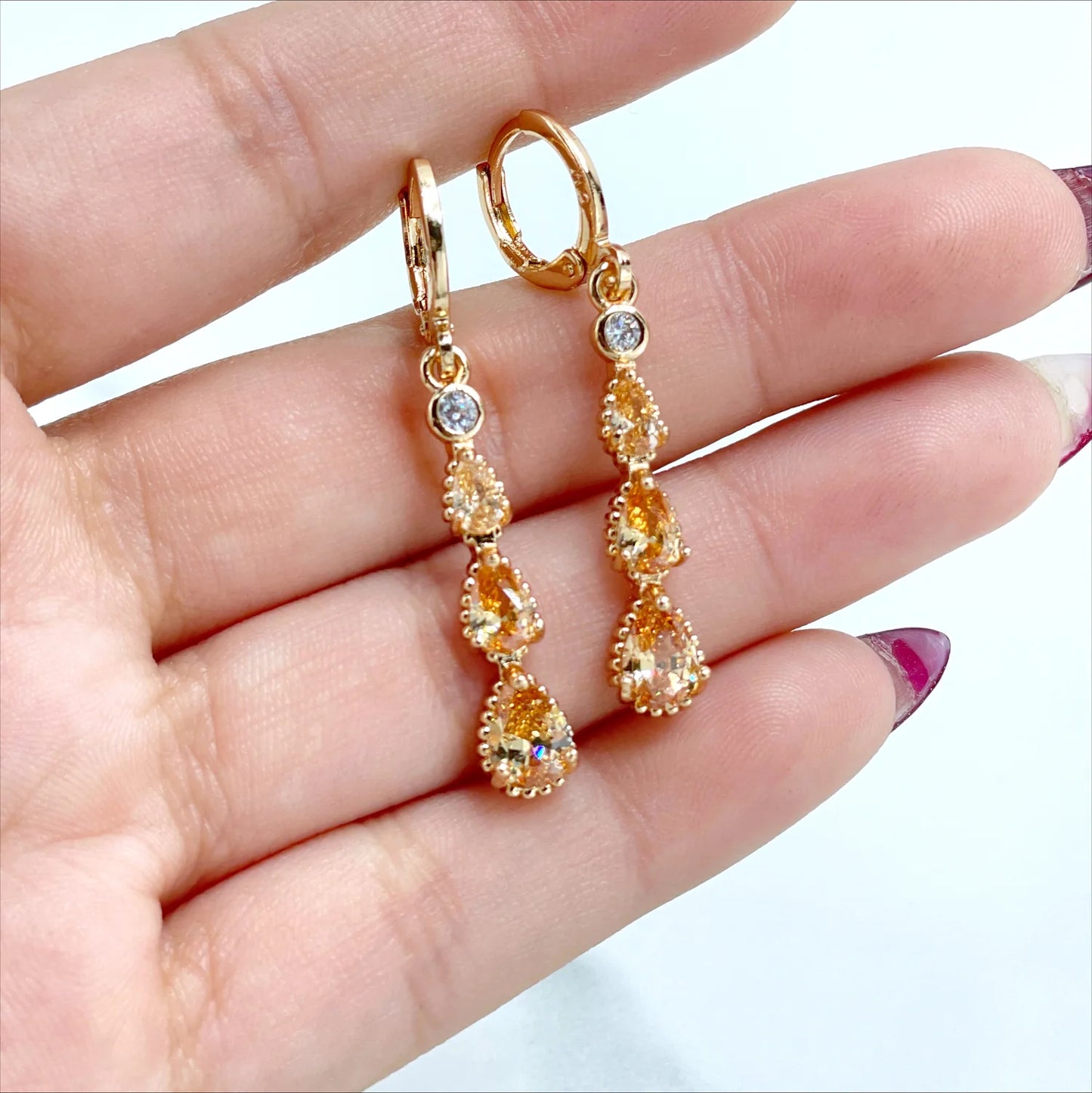 Earrings Dangle Drop White & Amber Cubic Zirconia 18k Gold Filled