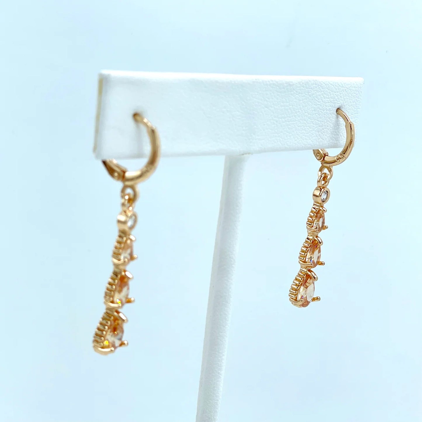 Earrings Dangle Drop White & Amber Cubic Zirconia 18k Gold Filled