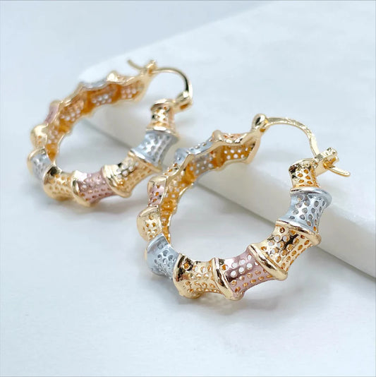 Earrings Hoop 3 Tone, Yellow Gold, White Gold, Rose Gold. Bamboo Design18k Gold Filled 590