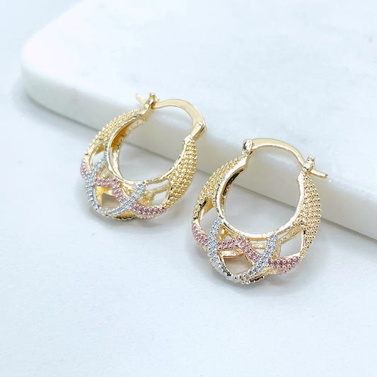 Earrings Hoop Basket 3 Tone, Yellow Gold, White Gold, Rose Gold. 18k Gold Filled