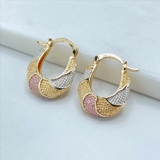 Earrings Hoop Basket 3 Tone, Yellow Gold, White Gold, Rose Gold. Texturized 18k Gold Filled