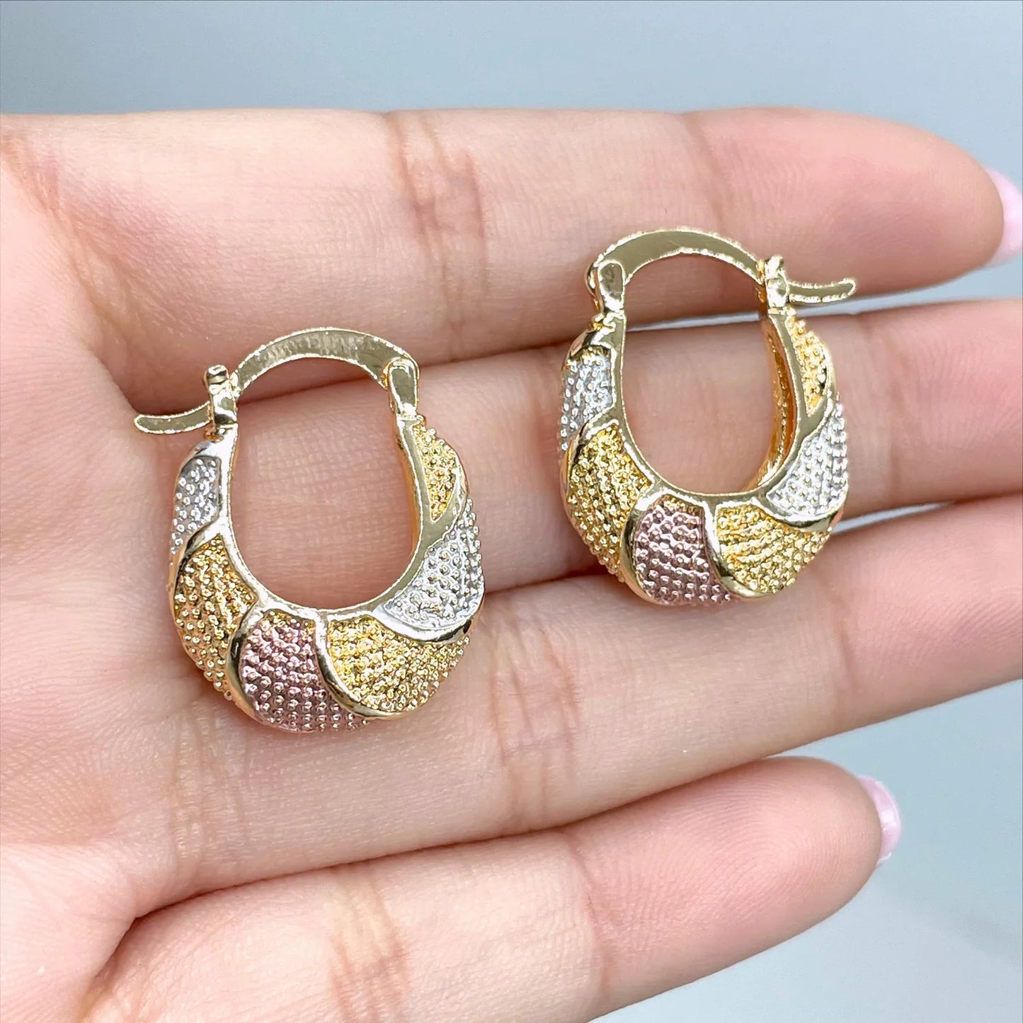 Earrings Hoop Basket 3 Tone, Yellow Gold, White Gold, Rose Gold. Texturized 18k Gold Filled