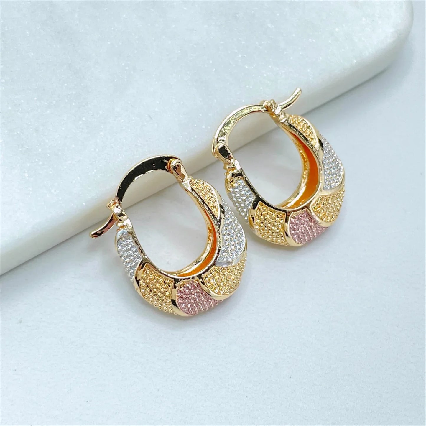 Earrings Hoop Basket 3 Tone, Yellow Gold, White Gold, Rose Gold. Texturized 18k Gold Filled