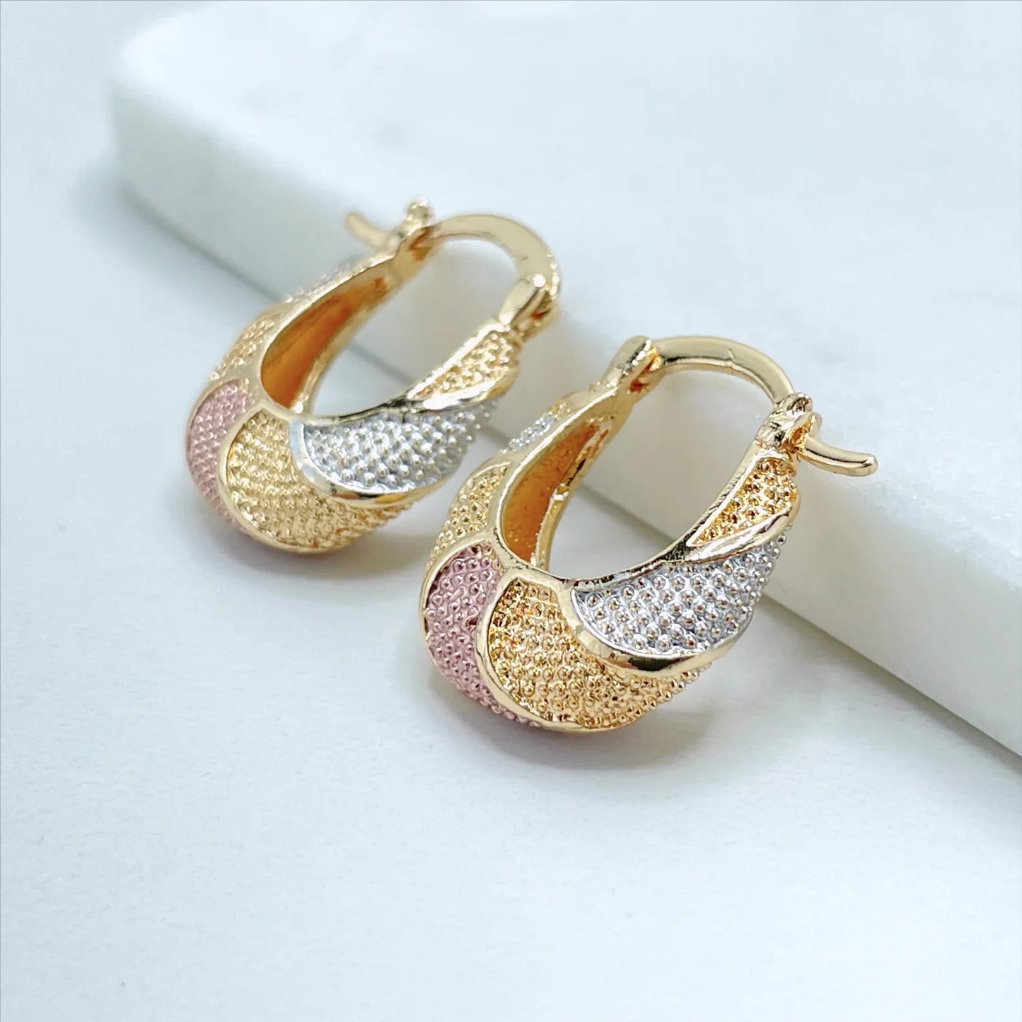 Earrings Hoop Basket 3 Tone, Yellow Gold, White Gold, Rose Gold. Texturized 18k Gold Filled