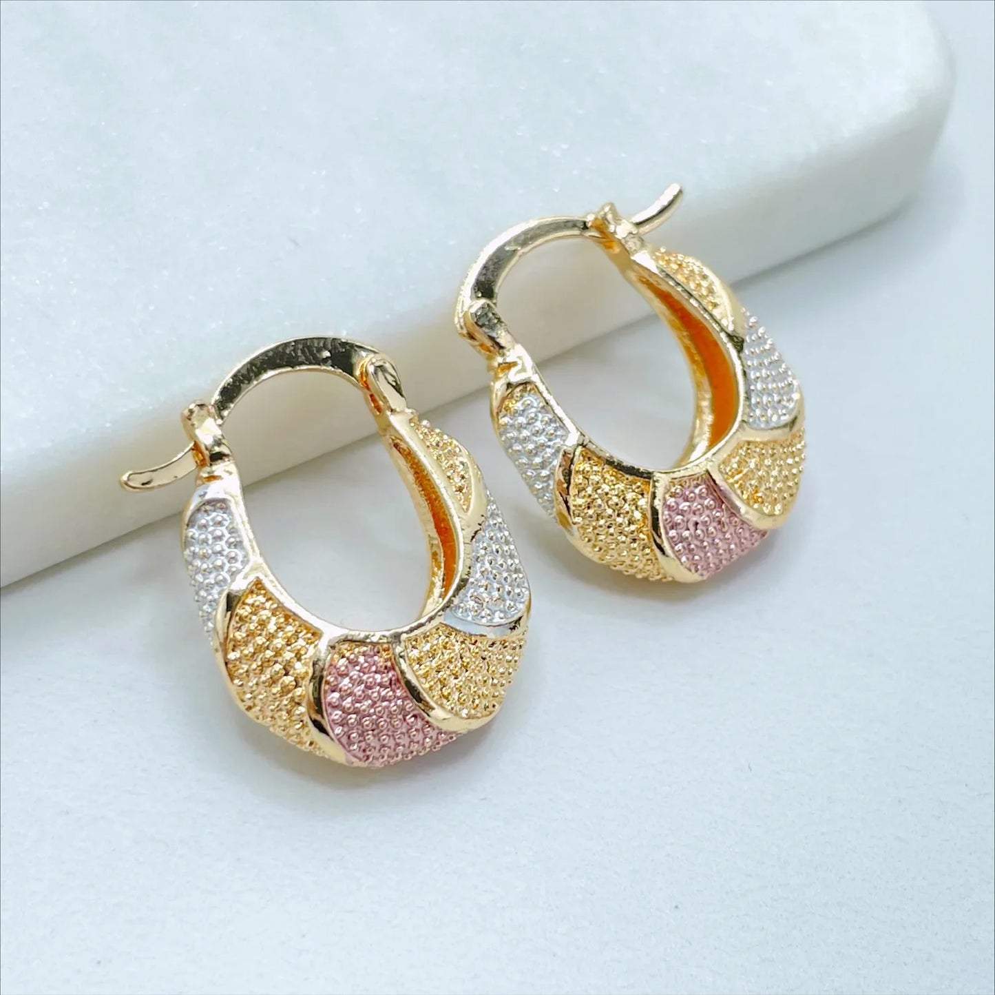 Earrings Hoop Basket 3 Tone, Yellow Gold, White Gold, Rose Gold. Texturized 18k Gold Filled