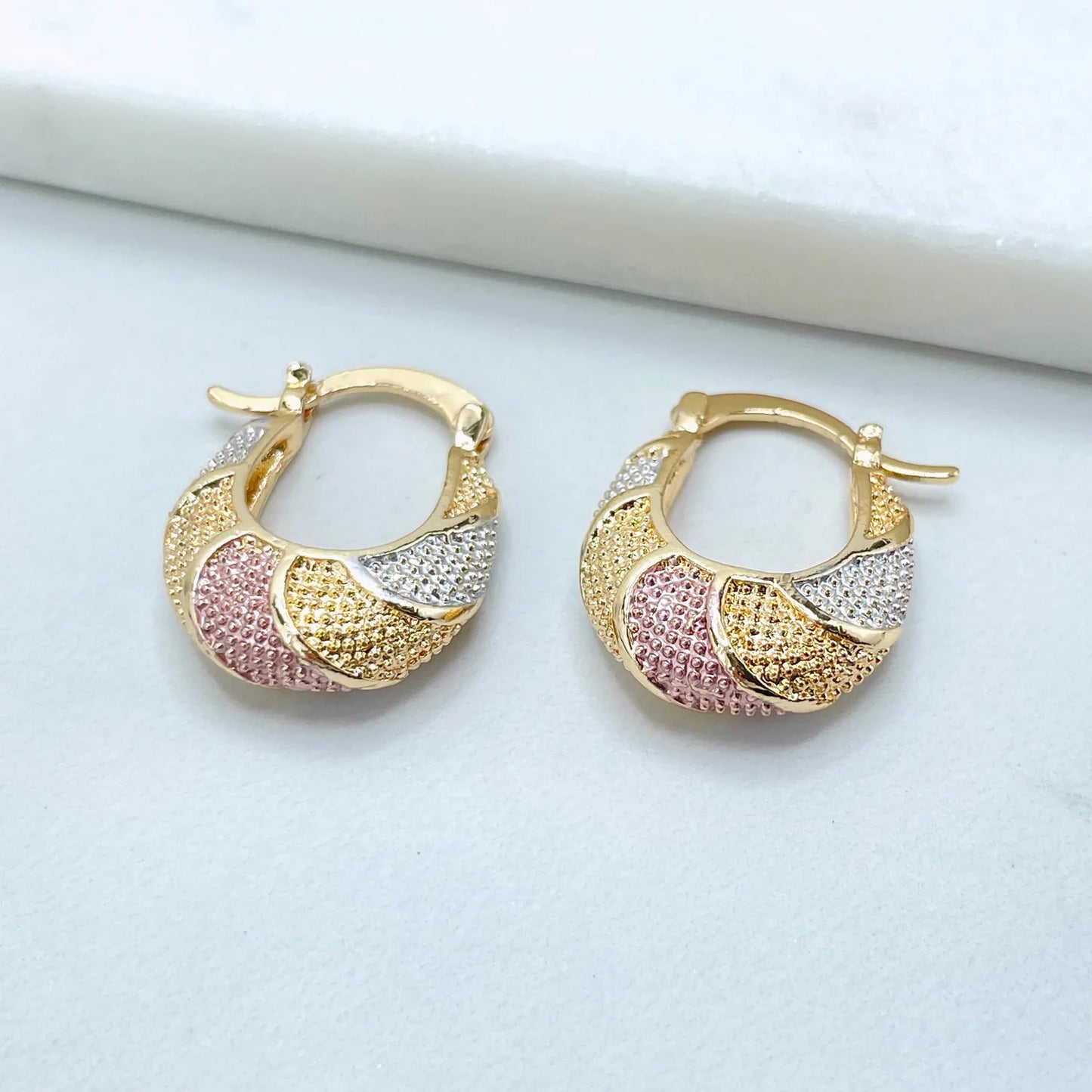 Earrings Hoop Basket 3 Tone, Yellow Gold, White Gold, Rose Gold. Texturized 18k Gold Filled