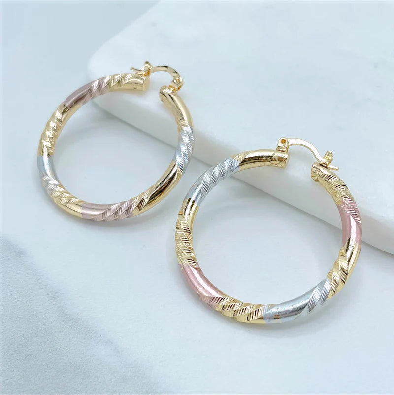 Earrings Hoop Textured 3 Tone, Yellow Gold, White Gold, Rose Gold.  18k Gold Filled 590