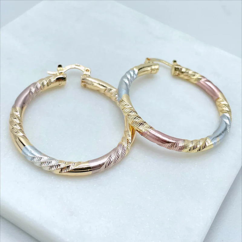 Earrings Hoop Textured 3 Tone, Yellow Gold, White Gold, Rose Gold.  18k Gold Filled 590