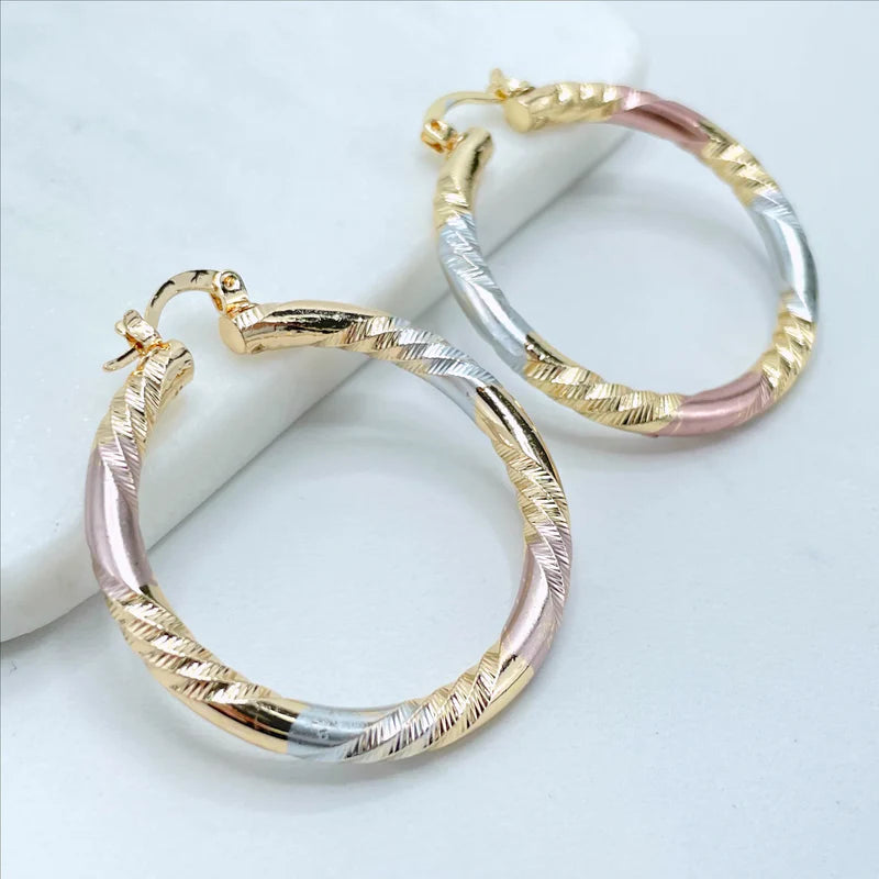 Earrings Hoop Textured 3 Tone, Yellow Gold, White Gold, Rose Gold.  18k Gold Filled 590