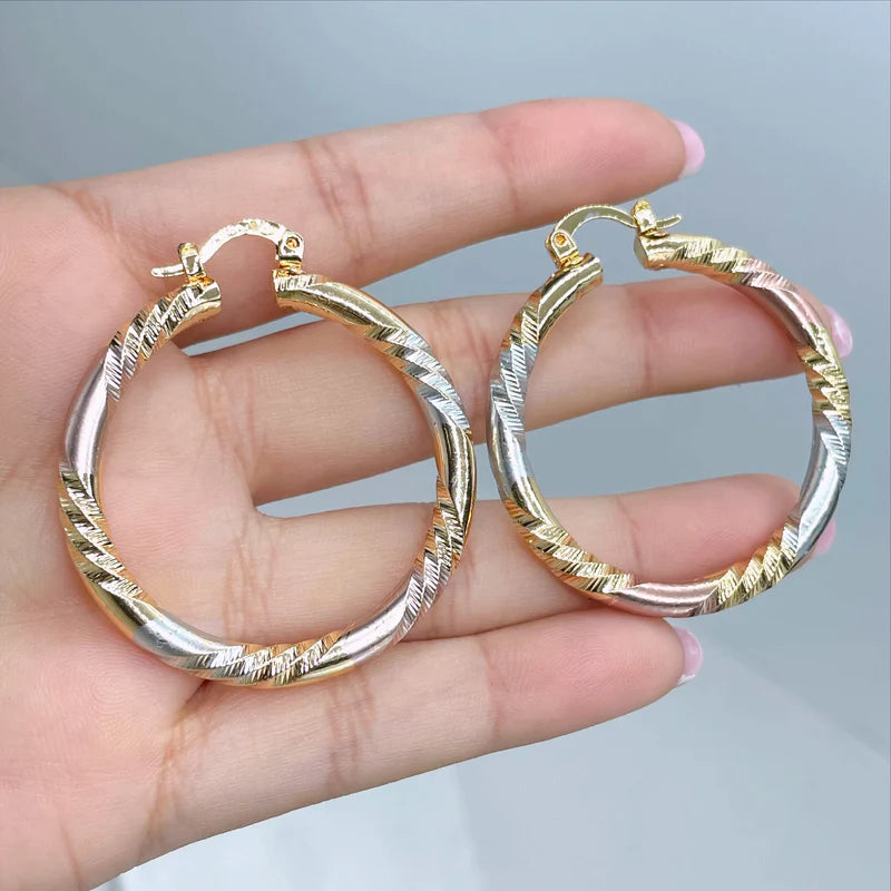 Earrings Hoop Textured 3 Tone, Yellow Gold, White Gold, Rose Gold.  18k Gold Filled 590