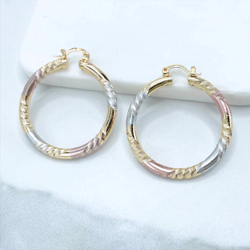 Earrings Hoop Textured 3 Tone, Yellow Gold, White Gold, Rose Gold.  18k Gold Filled 590