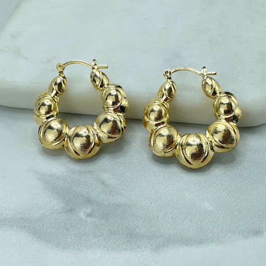 Earrings Hoop Croissant Inspiration, Ball Design in Gold, or 2 Tones Colors 18k Gold Filled