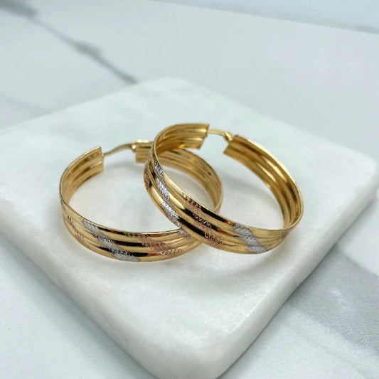 Earrings Hoop 3 Tone, Yellow Gold, White Gold, Rose Gold. Flat Texturized Diamond Cut Design 18k Gold Filled