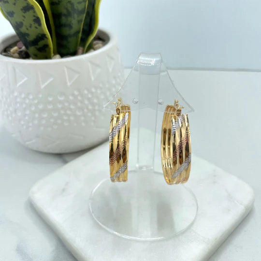 Earrings Hoop 3 Tone, Yellow Gold, White Gold, Rose Gold. Flat Texturized Diamond Cut Design 18k Gold Filled