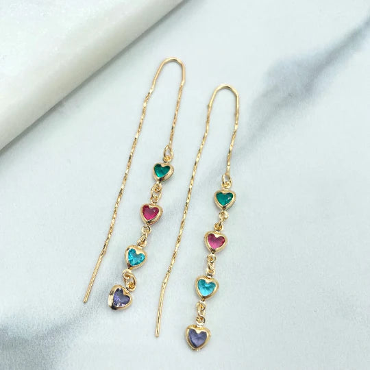 Earrings Multicolor Hearts Shape Drop Threader 18k Gold Filled