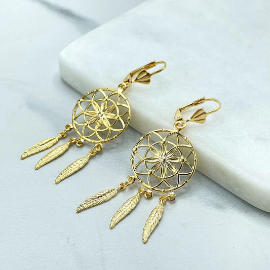 Earrings Textured Drop Dream Catcher, Feather Dangle 18k Gold Filled