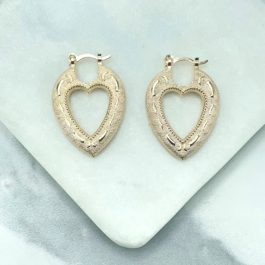 Earrings Hoop Texturized Cutout Heart Shape. Romantic. 18k Gold Filled