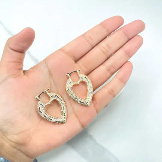 Earrings Hoop Texturized Cutout Heart Shape. Romantic. 18k Gold Filled