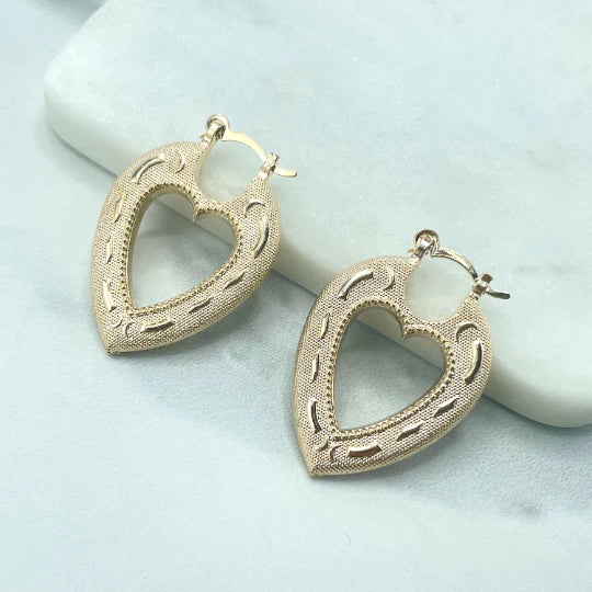 Earrings Hoop Texturized Cutout Heart Shape. Romantic. 18k Gold Filled